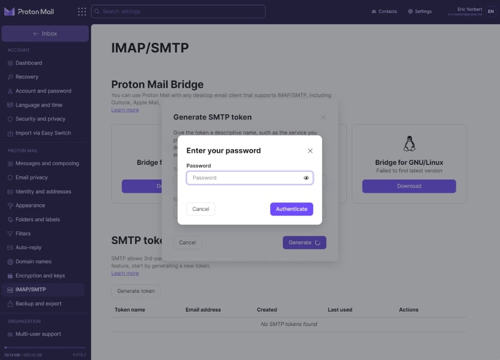 Field to enter your password to confirm token generation