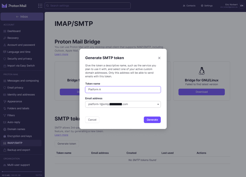 Field to generate and name an SMTP token