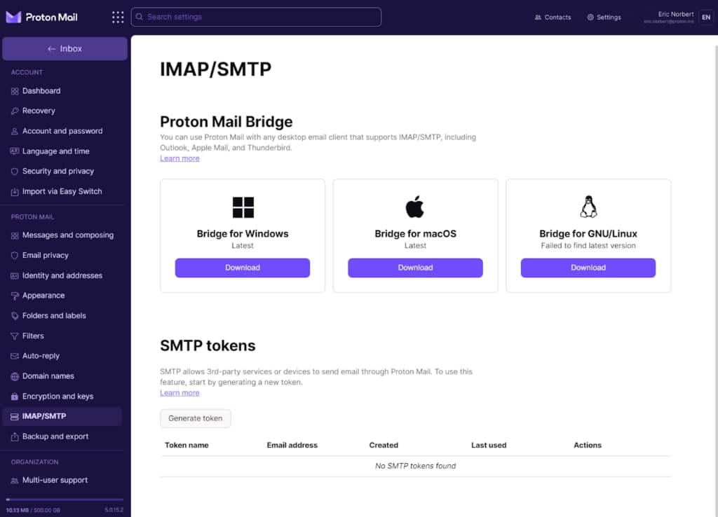 Proton Mail SMTP tokens settings page