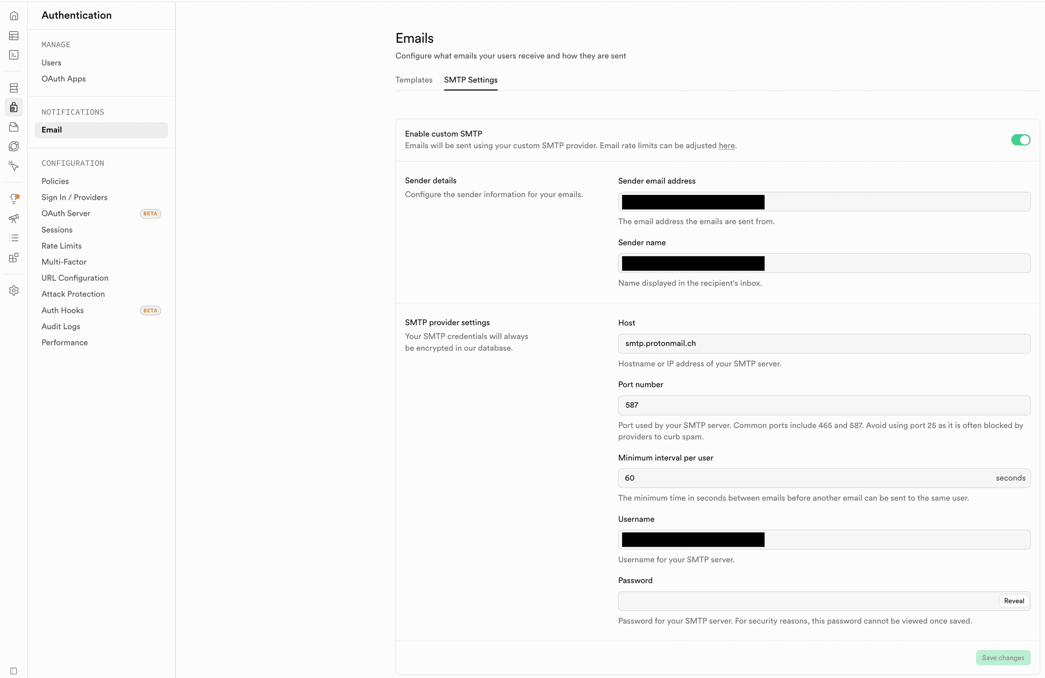 Supabase SMTP settings page